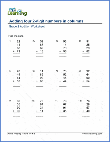 Grade 2 Math Worksheet - Adding Four 2-Digit Numbers In Columns | K5 Learning