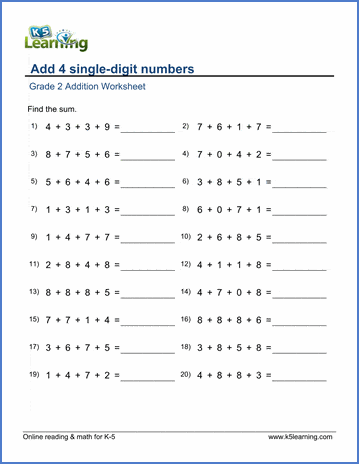 Grade 2 Math Worksheet - Addition of 4 single-digit numbers