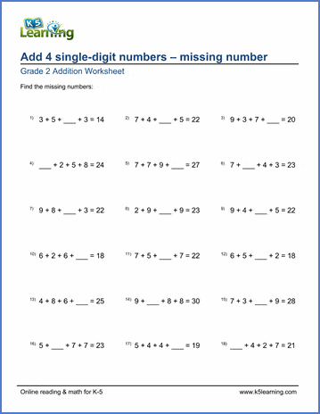 adding 4 single digit numbers with missing addends worksheets k5 learning