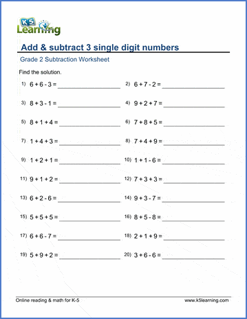 grade 2 math worksheets add and subtract 3 single digit numbers k5 learning