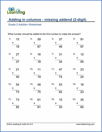 adding two 2 digit numbers in columns missing addend worksheets k5 learning