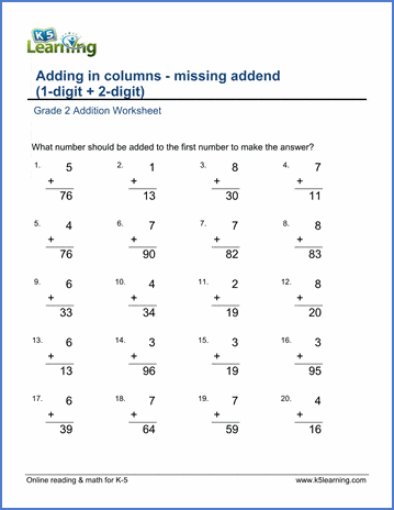 math worksheets 1 2 for grade and Adding and missing digit columns digit 1 numbers  in  2