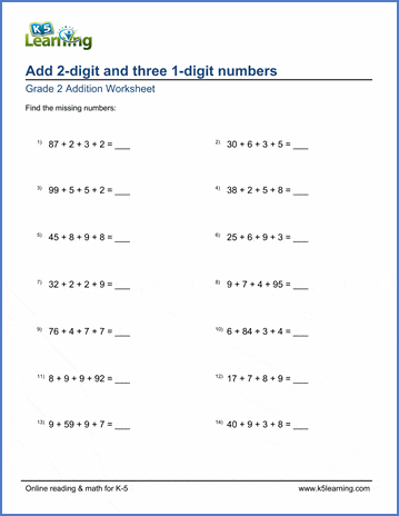 grade 2mental math worksheet add 2 digit and three 1 digit numbers k5 learning