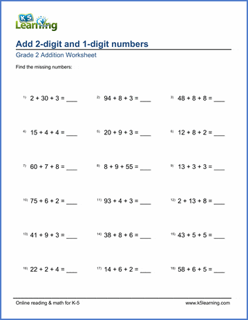 grade 2 math worksheet adding a 2 digit and two 1 digit numbers k5 learning