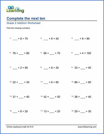 Grade 2 addition Worksheets - Complete the next ten | K5 Learning