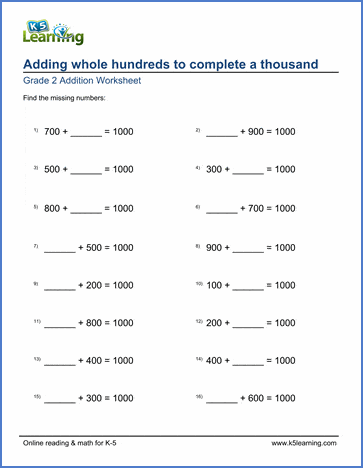 Grade 2 Math Worksheets - Adding Whole Hundreds To Complete A Thousand | K5 Learning