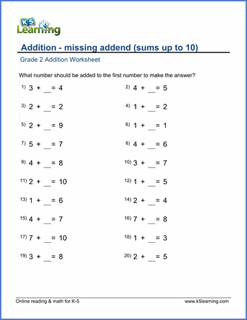 Grade 2 Math Worksheets - Adding within 0-10 (missing addend) | K5 Learning