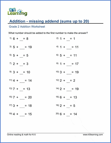 grade 2 math worksheet adding two one digit numbers missing addend k5 learning