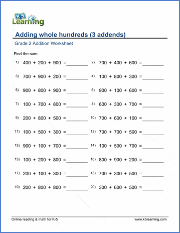 Grade 2 Math Worksheets Adding Whole Hundreds Three Addends K5 Learning