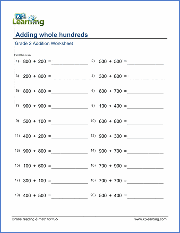 Grade 2 Math Worksheets Adding Whole Hundreds K5 Learning