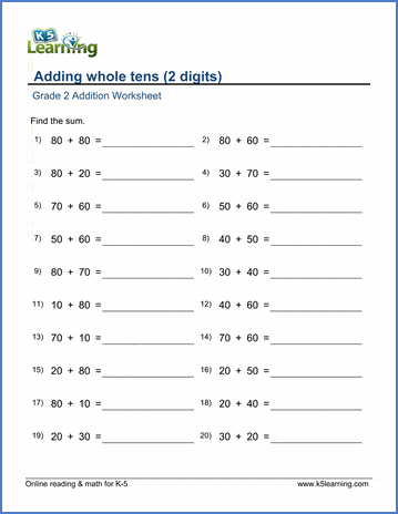 grade 2 math worksheets adding whole tens k5 learning