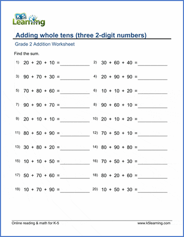 Grade 2 Math Worksheets Adding Whole Tens Three Addends K5 Learning