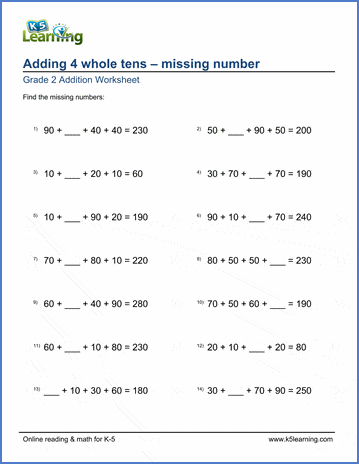 Grade 2 Math Worksheet - Adding 4 whole tens with missing addends | K5 ...