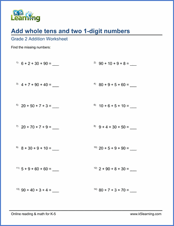 grade 2 mental math add whole tens and two 1 digit numbers k5 learning