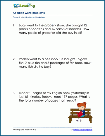 Grade 2 Addition Word Problem Worksheets 1 3 Digits K5 Learning