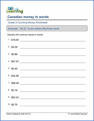 Grade 2 Canadian money Worksheet -money in words (numbers to words