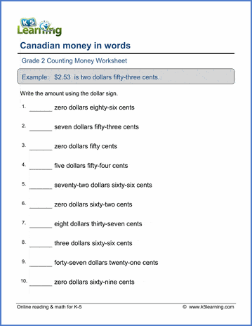 Grade 2 Canadian Money Worksheet -Words To Numbers | K5 Learning