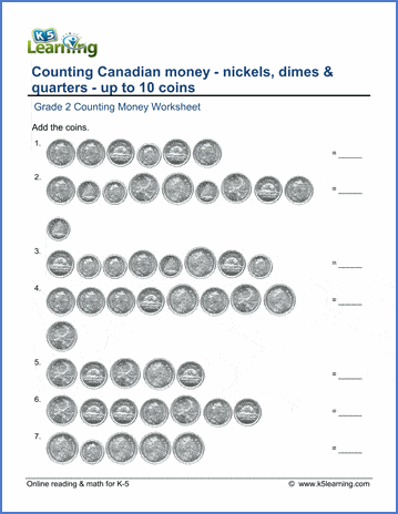 grade 2 canadian money worksheet count nickels dimes and quarters k5 learning