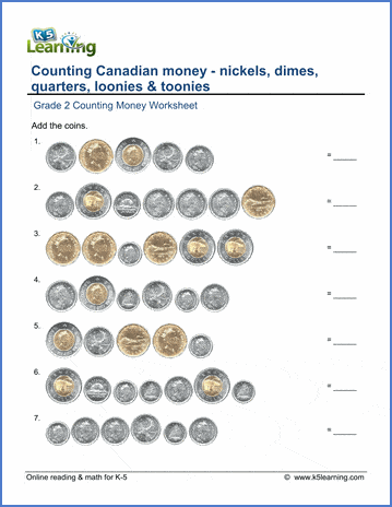 grade 2 money worksheets counting canadian coins including toonies k5 learning