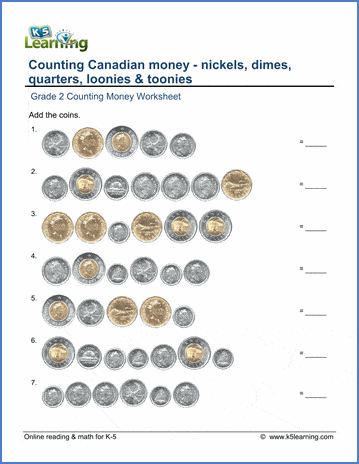 Grade 2 Money Worksheets - Counting Canadian Coins Including Toonies | K5 Learning