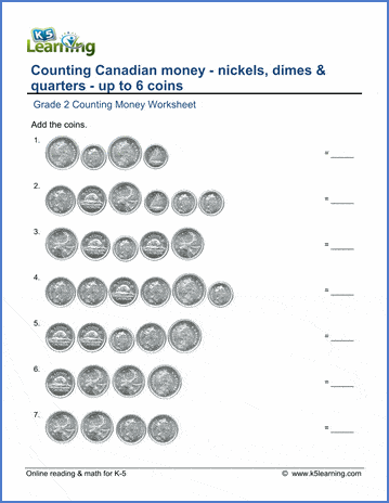 Grade 2 Counting Money Worksheet Canadian Nickels Dimes Quarters K5 Learning