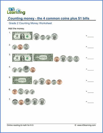 grade 2 money worksheets counting coins plus 1 bills k5 learning