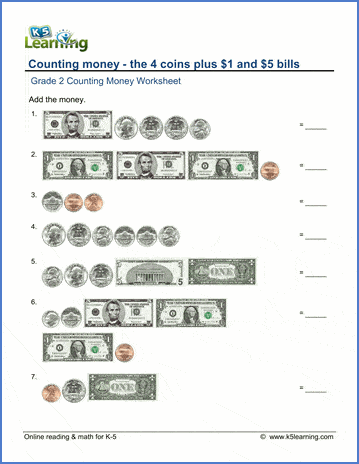 Grade 2 Counting Money Worksheets Coins Plus 1 And 5 Bills K5 - grade 2 counting money worksheet on counting the 4 coins plus 1 and 5 bills