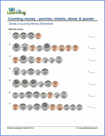 Grade 2 counting money Worksheet - counting coins | K5 Learning