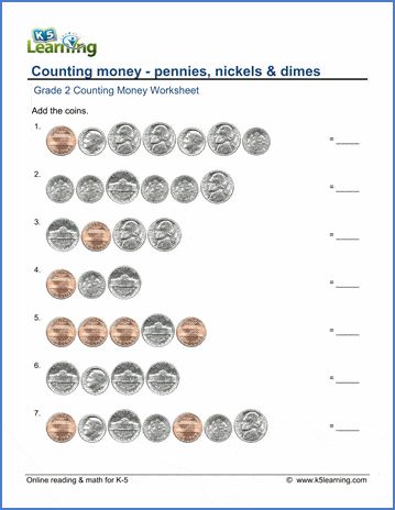 grade 2 counting money worksheets pennies nickels and dimes k5 learning - counting money worksheets 1st grade