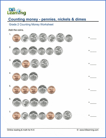 Grade 2 counting money Worksheets - pennies, nickels and dimes | K5