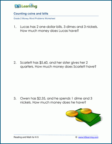 Grade 2 Money word problem worksheets K5 Learning