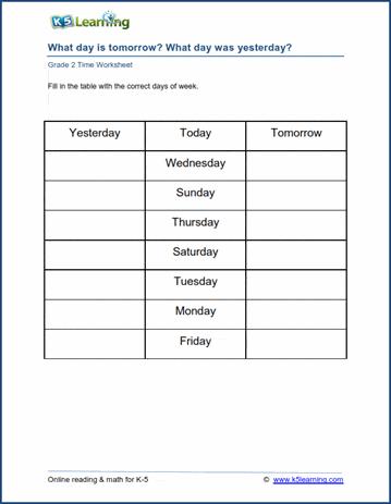 grade 2 calendar worksheets days of the week k5 learning