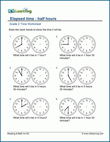 grade 2 time worksheets elapsed time hours and half hours k5 learning