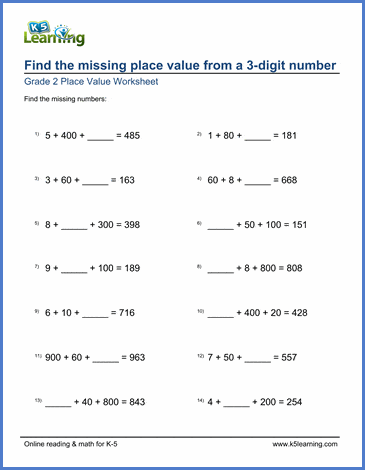 grade 2 worksheet find the missing place value from a 3 digit number k5 learning