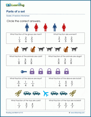 Parts of a set - fraction worksheets for grade 1 | K5 Learning