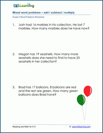 2nd grade math worksheets word problems