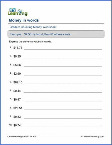 grade 2 money worksheet money in words number to words k5 learning