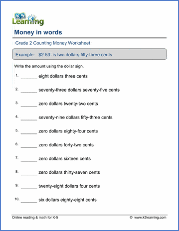 grade 2 money worksheet money in words words to numbers