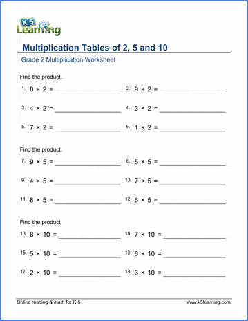 Grade 2 Math Worksheets Multiplication tables of 2 5 and 10 K5