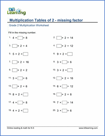 grade 2 math worksheet multiplication tables of 2 missing factor k5 learning