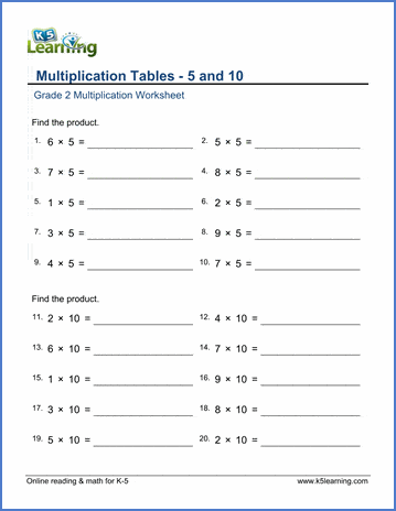 Grade 2 Math Worksheet Multiplication Tables Of 5 And 10 K5 Learning