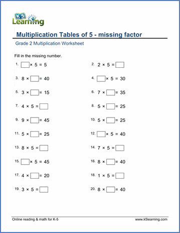 grade 2 math worksheet multiplication tables of 5 missing factors