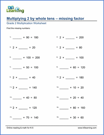 Grade 2 Multiplication: 2 times whole tens with missing factors | K5