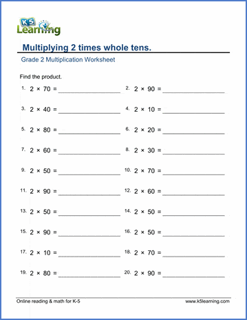 Grade 2 Multiplication Worksheet on multiplying 2 times whole tens