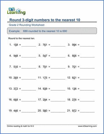 Grade 2 Math Worksheet - Rounding 3-digit numbers to the nearest