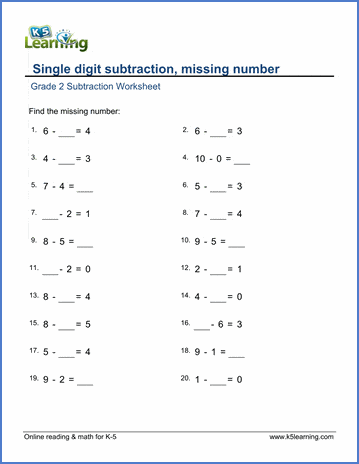 grade 2 math worksheets single digit subtraction missing number k5 learning