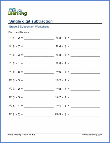 grade 2 subtraction worksheet subtracting single digit numbers k5 learning