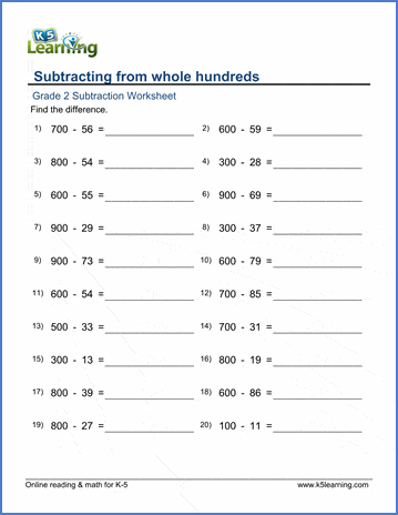 Grade 2 Math Worksheets: Subtract 2-digit numbers from whole hundreds