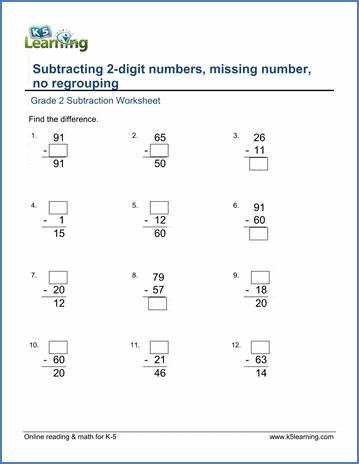 Grade 2 Math Worksheets: Subtract 2-digit numbers, missing numbers | K5