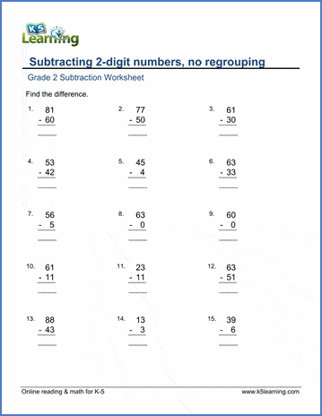 Grade 2 Worksheet - Subtract 2-Digit Numbera In Columns, No Borrowing | K5 Learning